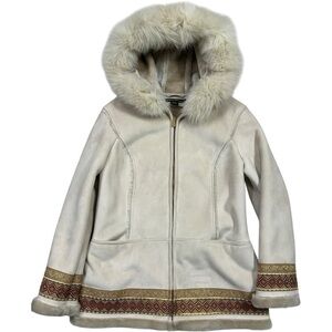 1 Madison Faux Suede Penny Lane Embroidered Hoodie Jacket Coat Fox Tail Fur M